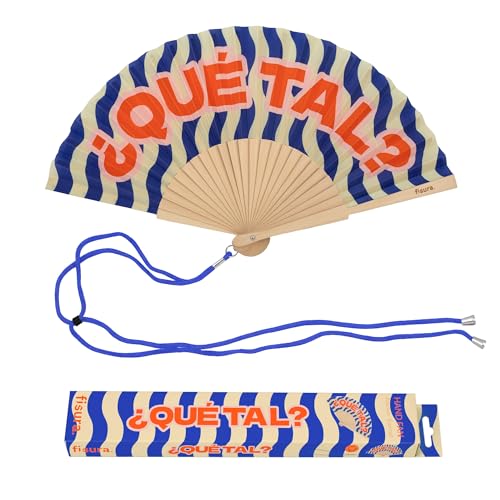 Fisura – Abanico Original con Mensaje “¿Qué Tal?”. Abanico de Madera Moderno y Colorido. Ventilador de Mano de Rayas. Colgador Incluido. Idea de Regalo Divertida. 42,5 x 23 cm