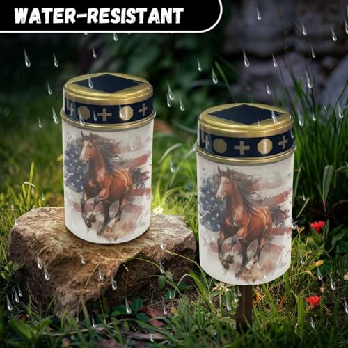 Image of Poceacles 4th of July Horse American Flag Retro Solar Powered Flameless Candle Cemetery Votive Candles Waterproof Outdoor Memorial Solar Stake Lights Home Outdoor Patriotic Decoration, 6 PCS