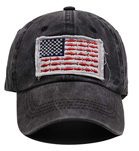 Oascuver American Fish Flag Hat, Distressed Cotton Adjustable Embroidery Baseball Cap For Men Women Black #TOP1