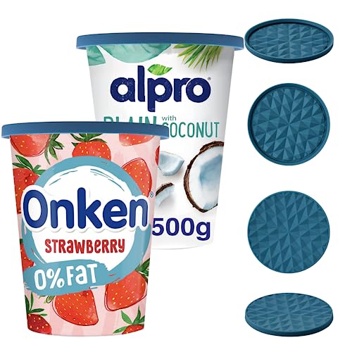 Wingcases Mehrweg Silikon große JoghurtDeckel 500g(4er-Set, Dunkelblau) Reversibel zu Untersetzern Design, Behalterdeckel passt für Joghurt, Joghurtbecher, Untersetzer für Gläser und Tassen