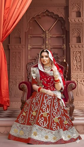 Image of Heavy Embroidery Work Semi Stitched Shimmer Silk Rajputi Poshak For Women Rajasthani Lehenga Choli
