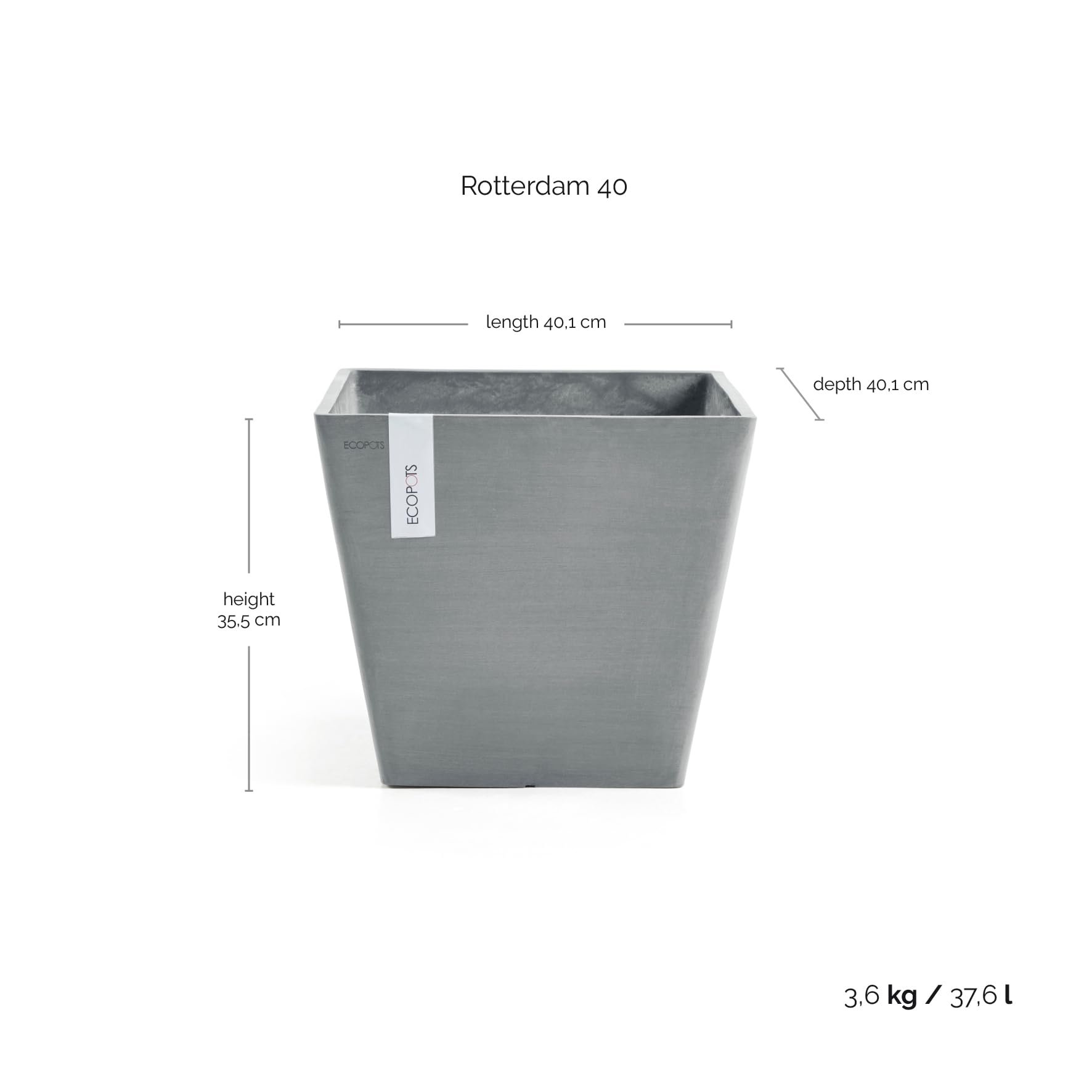 Ecopots Rotterdam Pflanzgefäß Dunkelgrau 35cm quadratisch – Handgefertigt UV-beständig – Recyceltes Material mit Wassertank