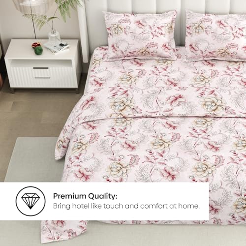 Image of Rivermoor 144 TC Cotton Bedsheet for Double Bed | Queen Size Bed Sheet with 2 Pillow Covers | Blush Pink Botanical Floral | 90 x 100 Inches