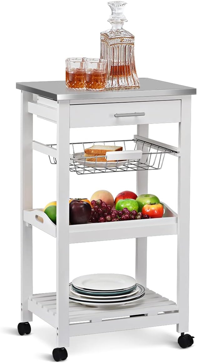 Kitchen Trolley Bamboo Island Home Restaurant Serving Cart Tabletop Drawer Wine Rack Storage Shelf Basket Lockable Wheels, Natural W/Stainless Steel Top