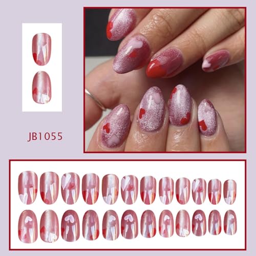 Image of Pink Glitter Press on Nails Short Almond Fake Nails Red Heart Glue on Nail Press ons with Design Shiny Glossy Full Cover Valentines Stick on Nail for Women Manicure 24Pcs