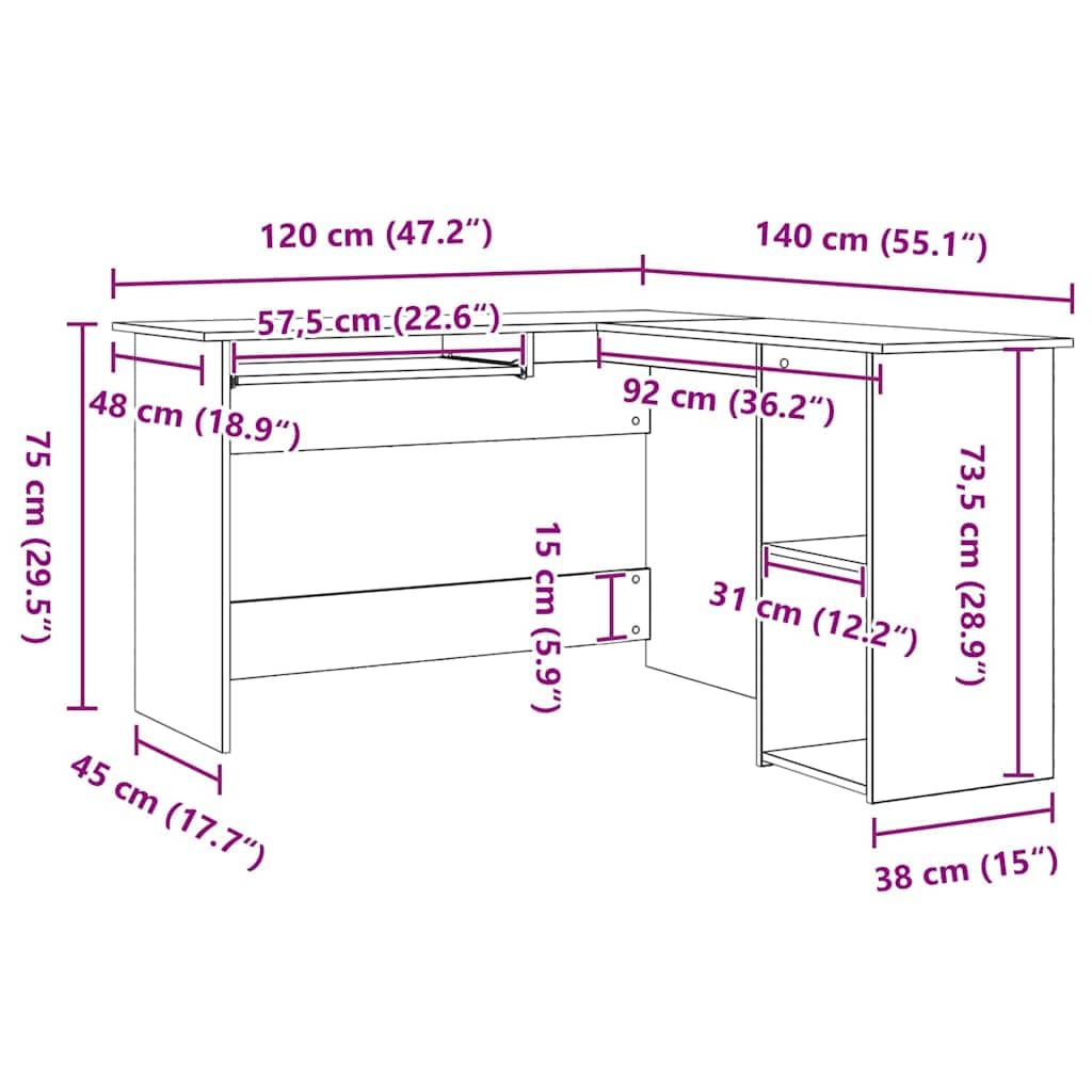 Escritorio esquinero de madera de roble negro, 120 x 140 x 75 cm, mesa de oficina compacta para oficina en casa y estudiantes, mesa de trabajo moderna con amplia superficie de trabajo