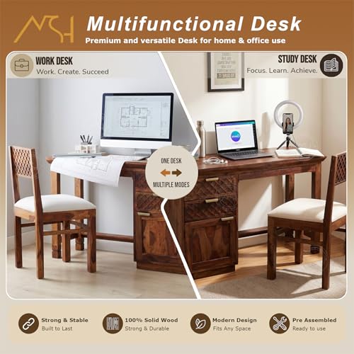 Image of NSH Solid Sheesham Wood Study Table with Chair | Wooden Writing Desk with Drawer & Door Storage | Pre-Assembled Computer Desk Workstation for Home Office & Study Room | Teak Finish