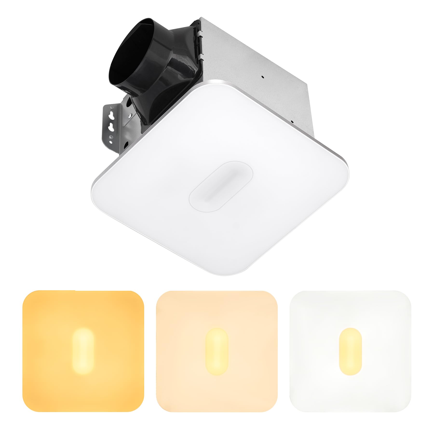 akicon bathroom exhaust fan with light, 15w dimmable 3cct led light with 5w night light bathroom fans for ceiling, 90 cfm, 1.5 sones ventilation fan for bathroom and home, square, silver