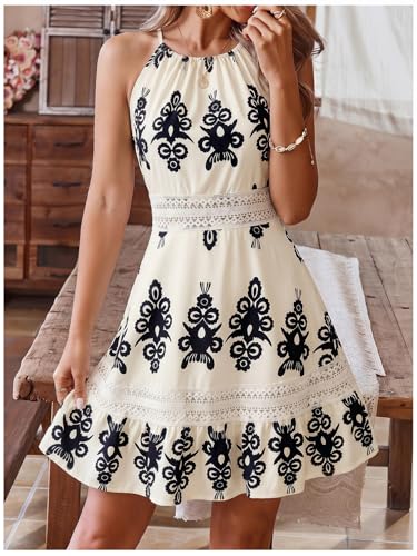 Image of Floerns Women's Contrast Lace Sleeveless Halter Dress Backless Vacation A Line Dress