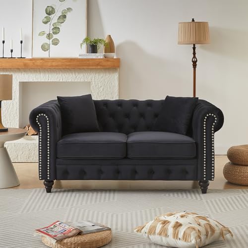 Image of Modern Chesterfield Sofa Couch, 63.5-inch Velvet Fabric Loveseat Sofa with Rolled Arms and Tufted Button for Living Room, Office, Black