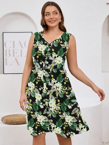Image of AusLook Plus Size Women Summer Dresses Sleeveless Casual Loose Swing Button Down Midi Dress with Pockets 1X-5X