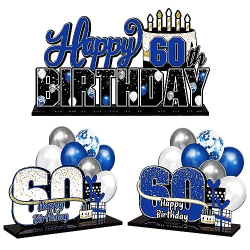 LINGTEER Happy 60th Birthday Blue Acrylic Table Topper Centerpieces Set - Cheers to Sixty Years Old Birthday 60th Bday Party Gift Decorations.