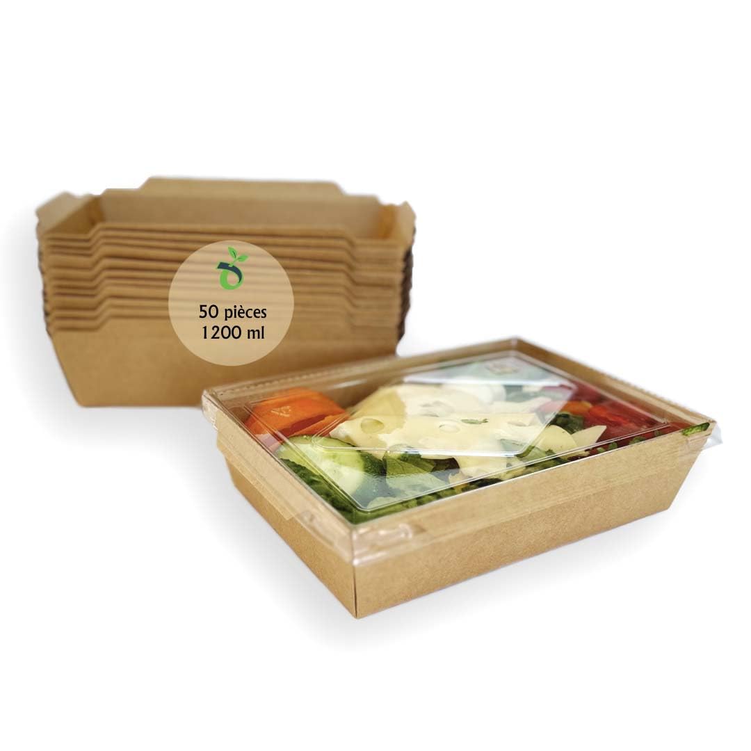 Lot de 50 Lunchbox en Kraft 1200 ML avec Couvercle | Boîtes Alimentaires jetables en Carton Kraft pour Repas à emporter, barquettes écologiques avec Couvercle pour salades, gâteaux