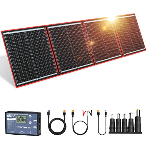 DOKIO ソーラーパネル 160W 折りたたみ式 高効率 単結晶 18V 太陽光発電パネル 10Aチャージャーコントローラー付き 12ｖバッテリー充電対応ワニ口クリップ付き USB出力端子 DC/XT60出力 車中泊/キャンプ/アウトドア/非常用電源/ポータブル電源/防災グッズ 対応 停電時用 ソーラー充電器 防塵 軽量/コンパクト