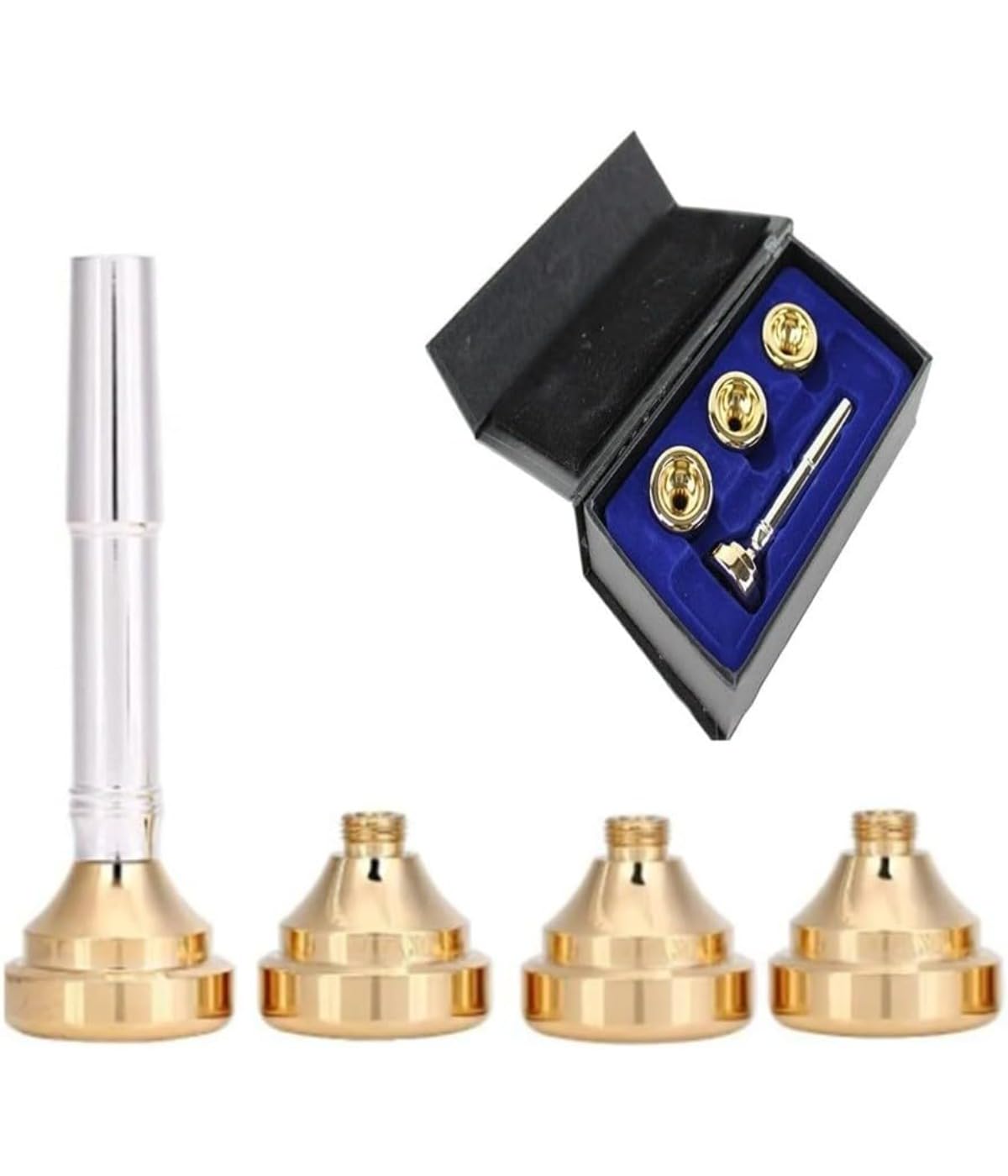 Trompetenmundstück Kit, Vielseitiges Mundstück-Set, mit 7C/5C/3C/1.5C Cups und Aufbewahrungsbox, Messing, Gold, 1 Set