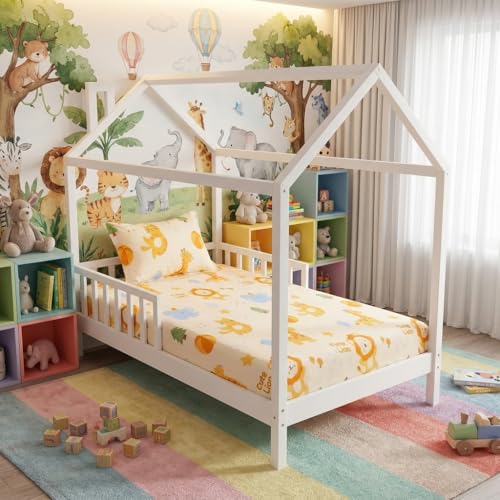 Image of Filymore Kids Single Bed Sheet Set with 1 Pillow Cover - Cute Cartoon Elephant & Lion Print, 240 TC Soft Microfiber Bedsheet for Kids Single Bed, Cream Orange Blue Bedspread, 90x60 Inch
