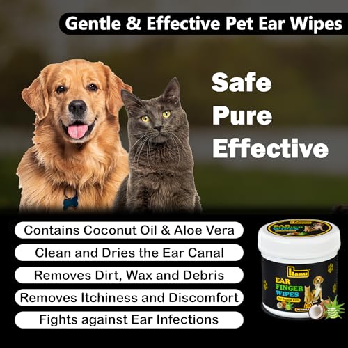 Image of Hanu Ear Finger Wipes for Dogs & Cats Gently Remove Dirt, Wax & Debris - Relieve Ear Itching & Discomfort, Sooths & Deodorizes - All Natural Ingredients - Vet Recommended - 50 Count