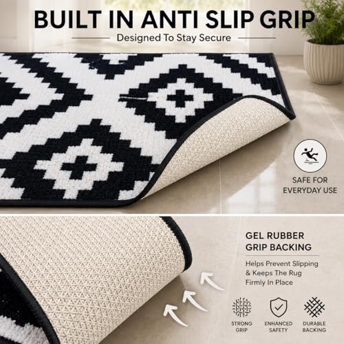 Image of Matz&More Pattern Jacquard Runner Mat | 50x120 CM | Black Offwhite | Nylon Tufted Gel Baking Anti-Slip | Doormat for Home Entrance, Kitchen & Bedroom