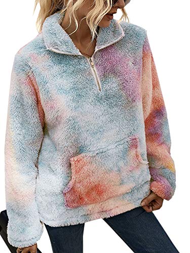 Angashion Womens Long Sleeve Half Zip Up Warm Fuzzy Leopard Print Patchwork Fleece Pullover Tops with Pocket for Winter 2073Orange X-Large