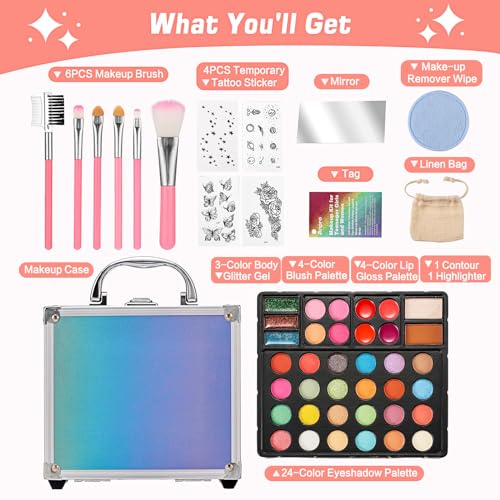 Anpro-All-In-One-Makeup-Carry-Case-with-Pro-Teen-Makeup-Set-Full-Starter-Cosmetics-Kit-with-Makeup-Brushes-Eye-Shadows-Palette-Blushes-Glitter-Gel-Temporary-Tattoo-Stickers-Blue