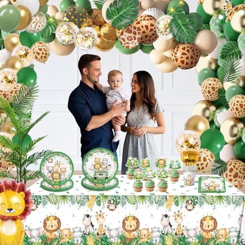 Image of QIYANPAX 4 Pack Jungle Safari Tablecloths, Wild One Table Cover, Animals Plastic Plastic Table Cloth for Sage Green Safari Baby Shower Decorations, 108x54 Inch
