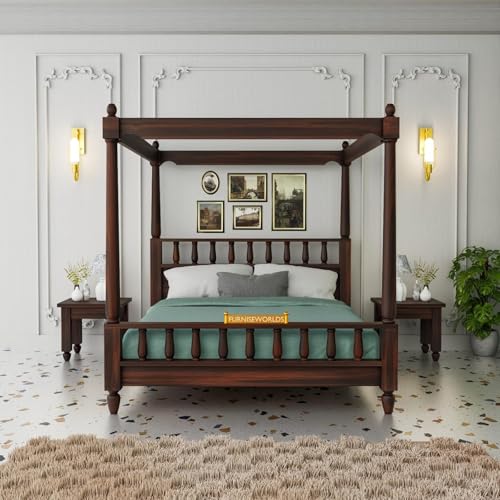 Image of Poster Bed Solid Sheesham Wood Queen Size Bed for Bedroom, Wooden Double Bed, Cot Bed Furniture 1 Year Warrenty (Walnut)