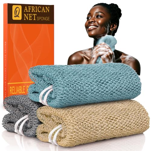 Image of UJFQBH African Net Sponge Authenti, Exfoliating Body Scrubber for Back and Hard to Reach Areas, Gentle Daily Exfoliation for Deep Cleansing, Quick Drying Shower Essential, Aqua Grey 3 Pack