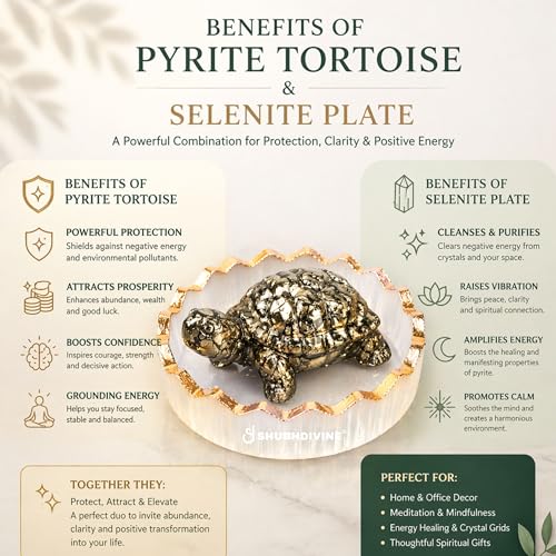 Image of Lab Certified Natural Pyrite Tortoise (Kachhua) Crystal for Wealth, Success & Vastu | Home Decor Figurine (Pyrite Tortoise with Selenite Plate)