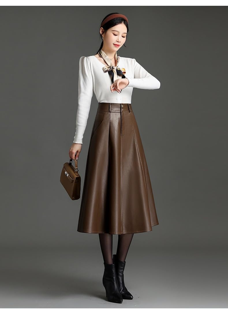 Genérico Falda Midi De Cuero para Mujer, Corte A, De Piel Sintética, con Bolsillos Y Cremallera Frontal, Ideal para Uso Diario, para Oficina, Fiestas, Otoño, Invierno Y Primavera.