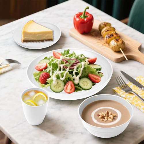 Image of Wheat Straw Dinnerware Sets Service for 8, 32 Piece Plates and Bowls Sets, Microwave & Dishwasher Safe Dishes, Perfect for Kitchen Camping Picnic RV Dorm - White