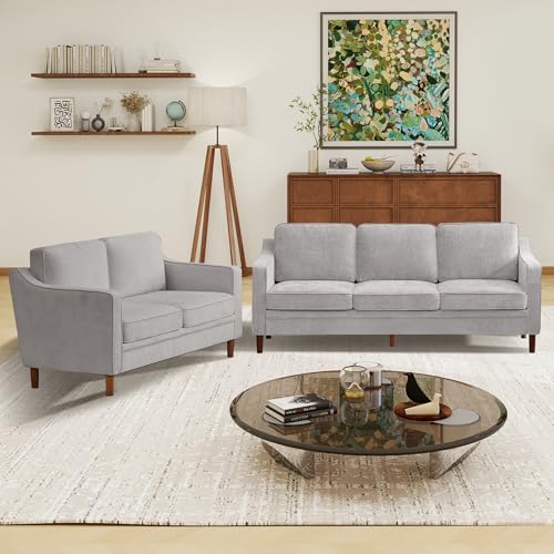 Image of Kingfun Couch Sets for Living Room, 3 Seater Couch and Loveseat, Mid Century Modern Sofa Set, Chenille Couch with Solid Wood Frame for Bedroom