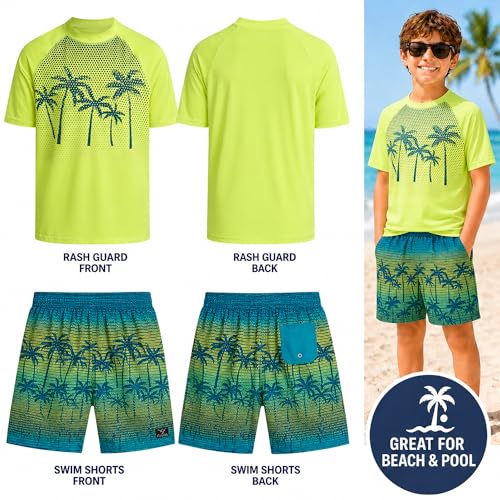 Image of Big Chill Boys Swim Set - 2 Piece Quick Dry UPF 50 Short Sleeve Rash Guard for Boys and Swim Trunks - Swimwear Set for Kids