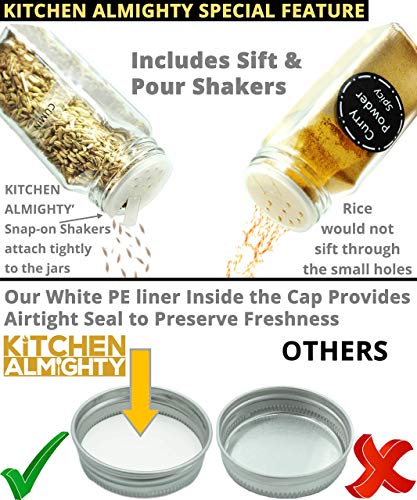 Kitchen Almighty 25 Glass Spice Jars Complete Set: 667 Chalkboard & Clear Printed Spice & Pantry Labels - 4 Fl Oz Empty Square Bottles W/Pour/Sift & Coarse Shakers & Airtight Cap - Silicone Funnel #TOP2