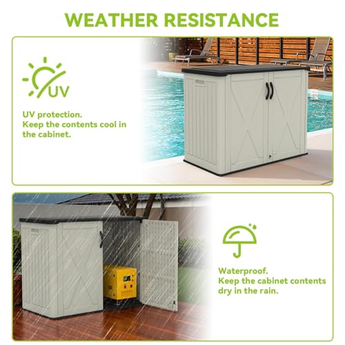 Image of Devoko 26 Cu Ft Plastic Outdoor Storage Cabinet, Beige | Horizontal Resin Storage Shed with Lockable Door, Water-Resistant Backyard Storage Box for Garden Patio, Shelf Not Included