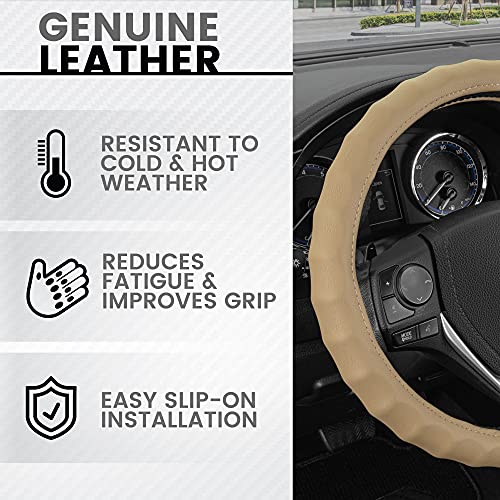Image of BDK Genuine Leather Steering Wheel Cover Small 13.5 inch-14.5 inch Beige