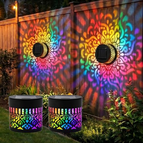 Solar Mandala Wall Lights Outdoor Colorful Waterproof Solar Fence Projector Lamps Decorative Solar Garden Lights for Patio Backyard Deck Yard Fence Post Decor (Gradient Colors 2PCS)