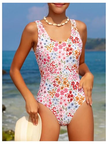 Image of Girl's Floral One Piece Swimsuit Boho Scoop Neck Bathing Suit Beachwear