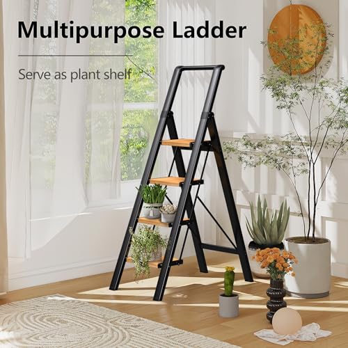 Image of SOLADDER Step Ladder 4 Step Folding Stool with Anti-Slip Widened Sturdy Pedal and Handgrip, Portable Lightweight Aluminum Ladder for Home,Kitchen,300 lbs Capacity-Black+Woodgrain