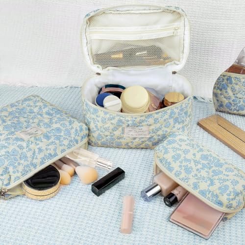 Image of MAYCREATE Makeup Pouch Bag 3pcs Makeup Organizer Bag Combo, Cosmetic Brush Makeup Pouch for Women, Quilted Cotton Large Floral Make Up Toiletry Bags for Travel