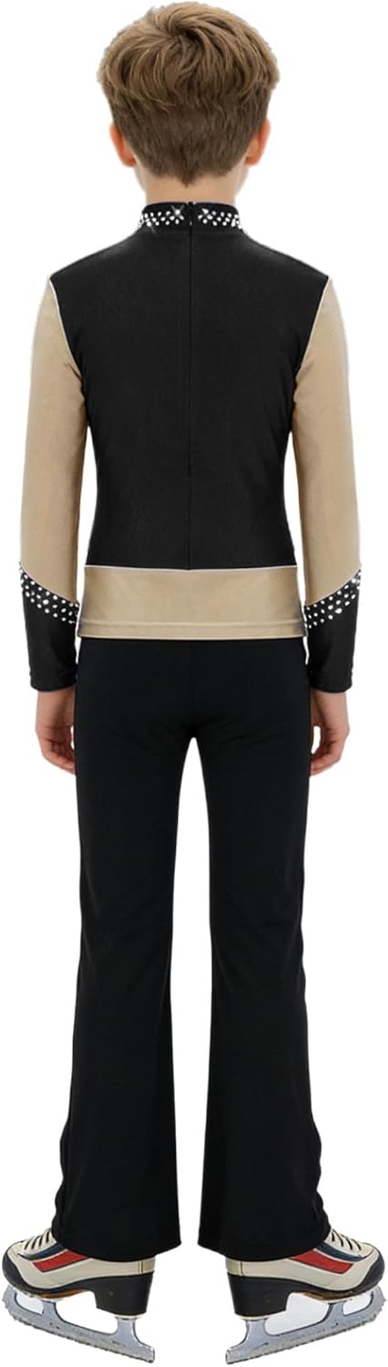 Jhaoyu Kids Boys 2-piece Glitter Latin Dance Outfits Long Sleeve Back Zipper Top with Pants Rhinestones Figure Skating Set