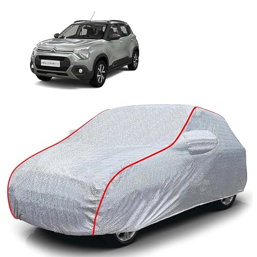 Image of Sulfar 100% Waterproof Car Body Cover Compatible with Mirror for CITROEN C3 (Triple Stitched, Full Bottom Elastic, Magic Silver with Red Piping)