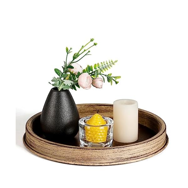 HUANGXIN 2Pcs Round Decorative Serving Tray Set Vintage Brown Farmhouse Trays for Coffee Table Centerpieces Home Decor Kitchen Dining Room Indoor Outdoor Rustic Platter