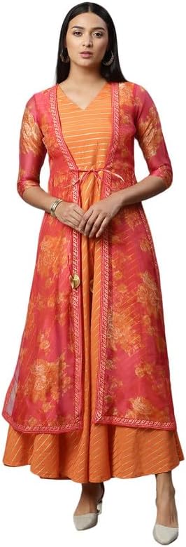 AhalyaaOrange Striped Ethnic Maxi Dress