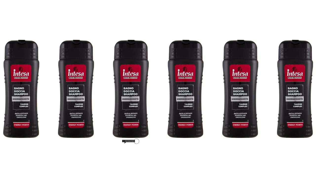 INTESA Pour Homme - 6 gel doccia shampoo Energy Power, rivitalizzante, con complesso di taurina, 500 ml, + portachiavi Italy Shop Service in omaggio
