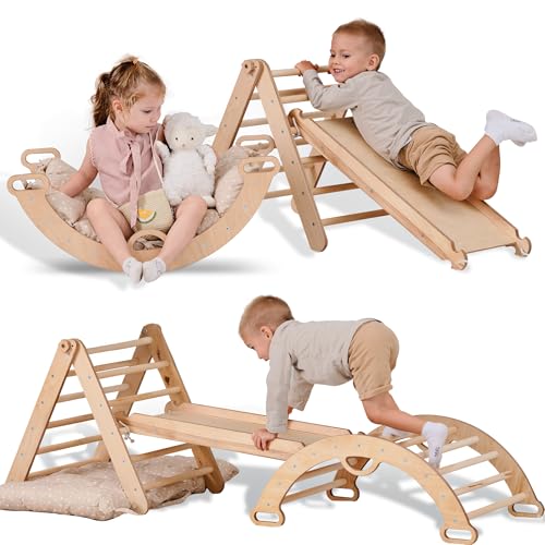 Image of 5-in-1 Indoor Climbing Frame for Toddlers -Triangle Ladder, Climbing Arch, Slide, Rope and Cushion, Montessori Climbing Frame, Kids Wooden Gym, Foldable Climbing Toys for Kids 1-3 Age