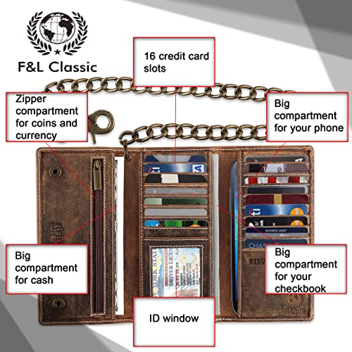 Image of F&L CLASSIC Chain Wallets for Men buffalo premium leather RFID blocking long style Tri-fold for Trucker, bikers, vintage look,buff hunter White stitching,212