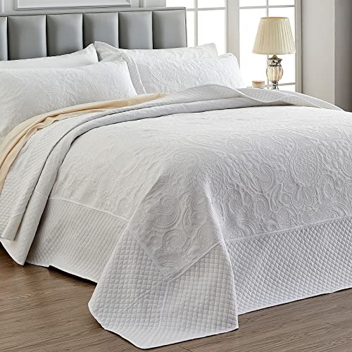 Qucover Oversized Bedspreads King Size 128 X 120, Soft Microfiber Ultrasonic Lightweight Extra Large Bedspreads, 3 Piece Paisley Pattern Reversible Oversized King Quilts With Shams, White #TOP12