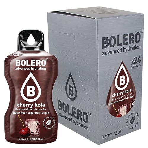 Bolero CHERRY COLA 24x3g | Jus en poudre sans sucre, édulcoré à la stévia + vitamine C | pour enfants et sportifs | sans gluten, végétalien | saveur cerise cola