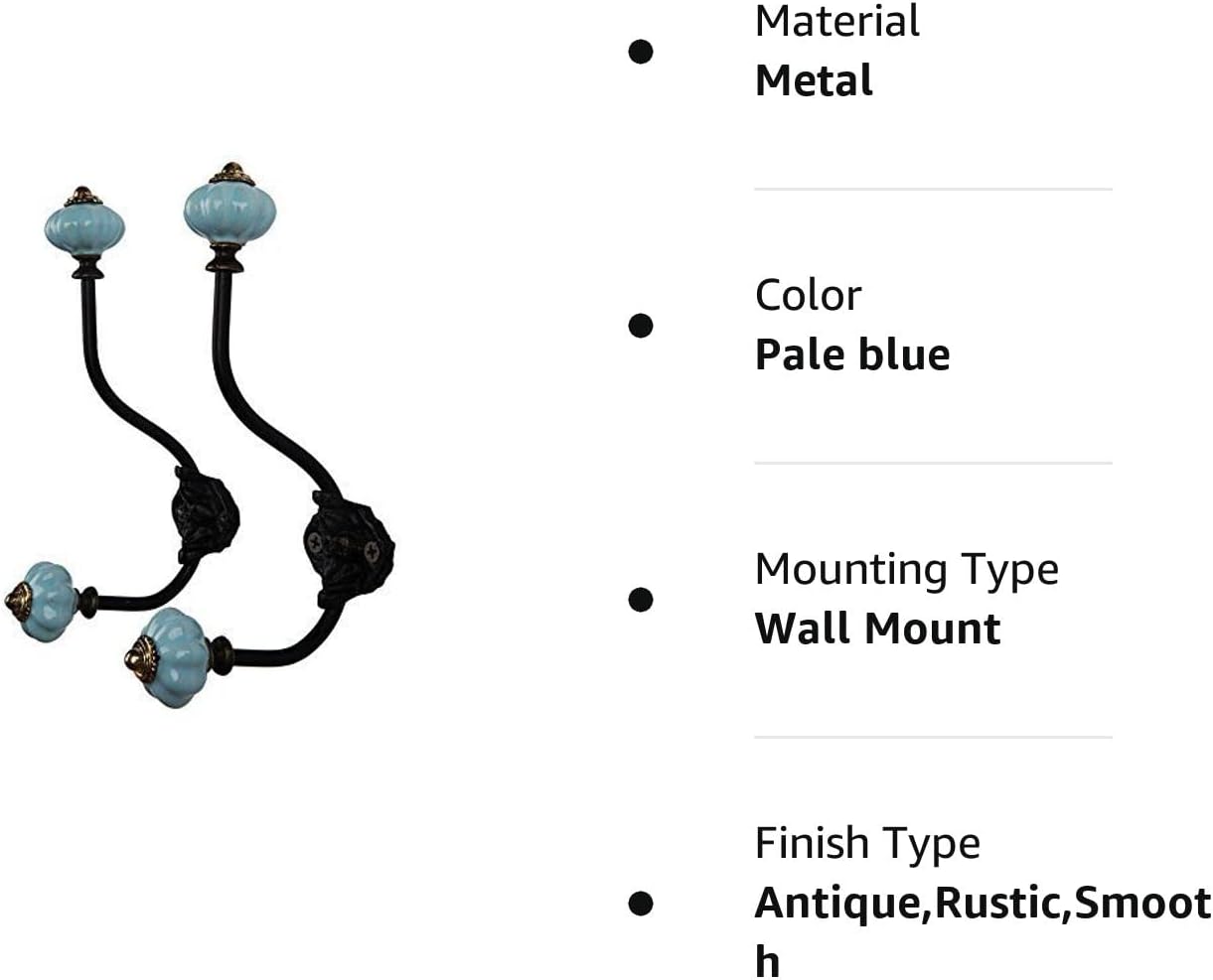 NIKKY HOME Wall Hooks Decorative 2 Pack Hanging Rustic Vintage Pumpkin Metal Iron Ceramic Antique Mounted Wall Hook for Towels Coat Bag Scarf Cap Hat Key for Farmhouse Mudroom Closet Bathroom, Blue