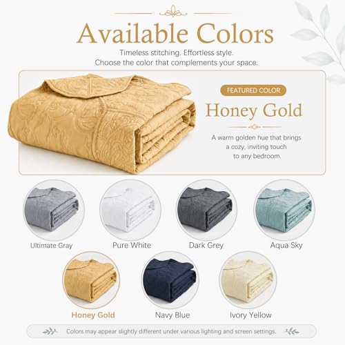 Image of HZ & HY Oversized Alaskan King Bedspread 138x122 Extra Wide, Stitched Paisley Quilt Set, Lightweight Reversible Coverlet, Scalloped Edge - Warm Classic Look, 5 Piece, Honey Gold